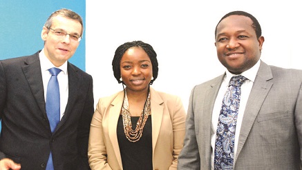 (L-r) Dr. Rene Kim, Partner, Steward Redqueen, Joke Adu,Corporate Affairs Manager and Diran Olojo, Head, Corporate Affair, both of Standard Chartered Bank Plc during the press conference on the bank's report titled - 'Banking on Africa: Standard Chartered's Social & Economic Impact' in Lagos recently.